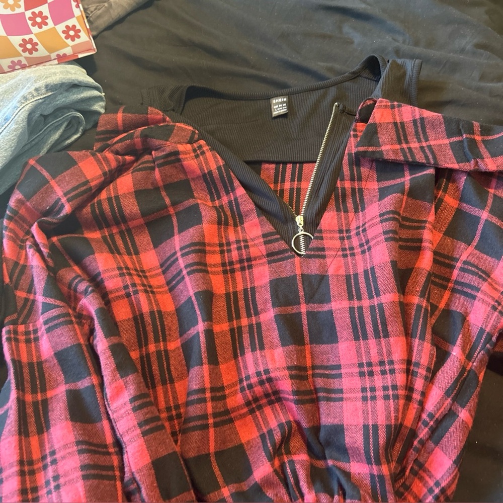 SHEIN cold shoulder plaid shirt